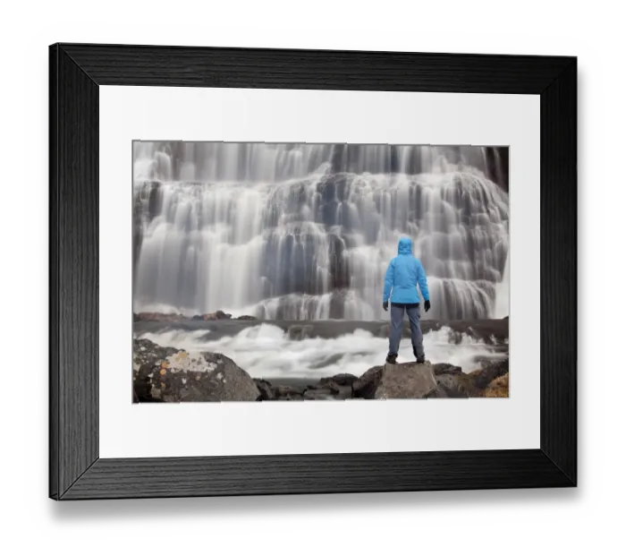 Framed Print : Hiker in front of the Dynjandi waterfall, Fjallfoss, West Fjords, Iceland, Europe Framed Print : Hiker in front of the Dynjandi waterfall, Fjallfoss, West Fjords, Iceland, Europe