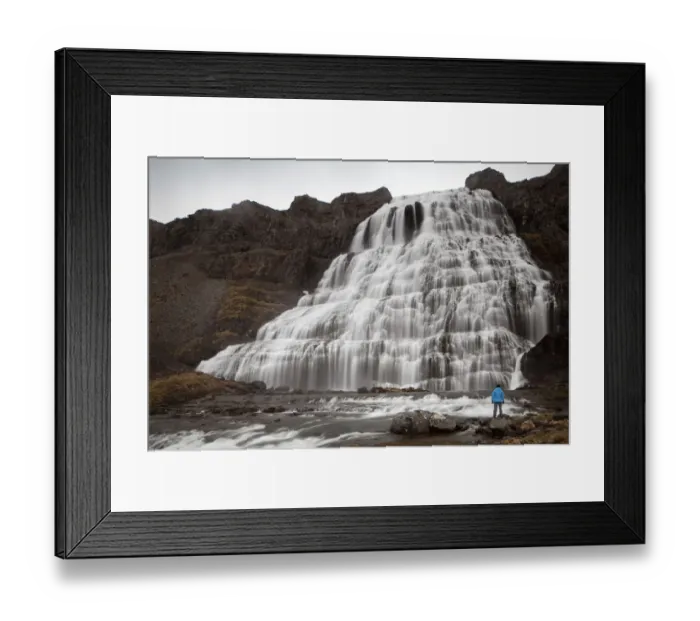 Framed Print : Hiker in front of the Dynjandi waterfall, Fjallfoss, West Fjords, Iceland, Europe Framed Print : Hiker in front of the Dynjandi waterfall, Fjallfoss, West Fjords, Iceland, Europe