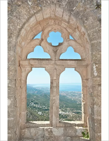 Gothic tracery, decorated window, St. Hilarion Castle, crusader castle, overlooking sea and coast, Turkish Republic of Northern Cyprus, Cyprus, Europe