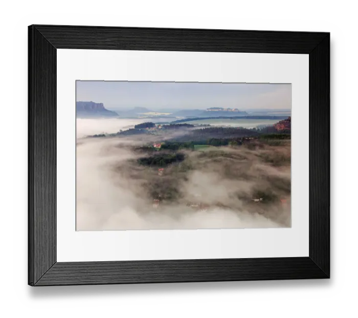 Framed Print : View from the Bastei rock formation, morning mist, Saxon Switzerland National Park, Saxon Switzerland region, Saxony, Germany Framed Print : View from the Bastei rock formation, morning mist, Saxon Switzerland National Park, Saxon Switzerland region, Saxony, Germany