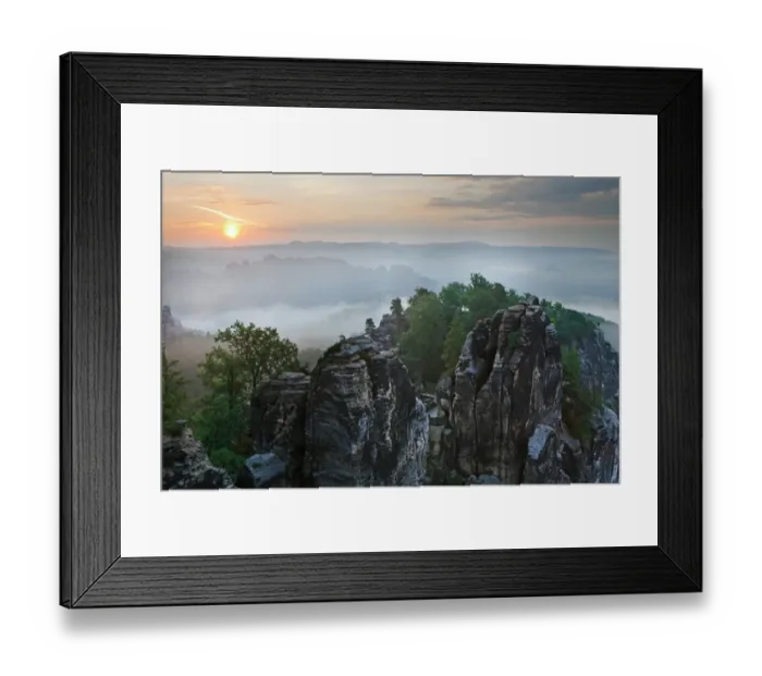 Framed Print : View from the Bastei rock formation, sunrise, fog, Saxon Switzerland National Park, Saxon Switzerland region, Saxony, Germany Framed Print : View from the Bastei rock formation, sunrise, fog, Saxon Switzerland National Park, Saxon Switzerland region, Saxony, Germany