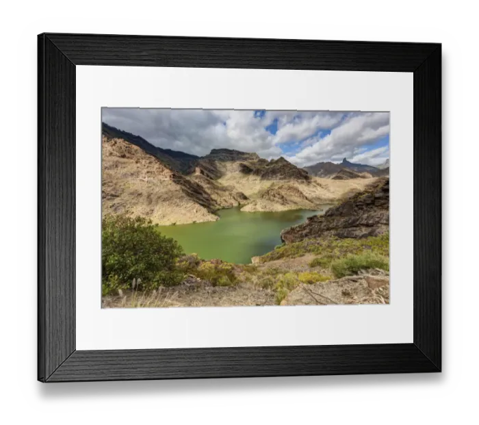 Framed Print : Embalse Presa del Parralillo reservoir, also called the green lake, in the mountains of Caldera de Tejeda, also called a petrified storm, Artenara Region, Gran Canaria, Canary Islands, Spain, Europe, PublicGround