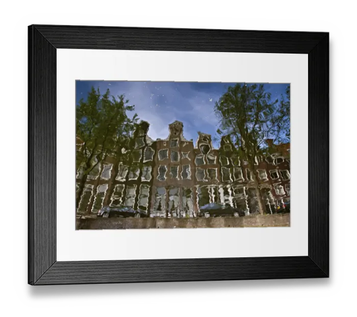 Framed Print : Reflection of buildings in a canal in Amsterdam, Holland, Netherlands, Europe Framed Print : Reflection of buildings in a canal in Amsterdam, Holland, Netherlands, Europe