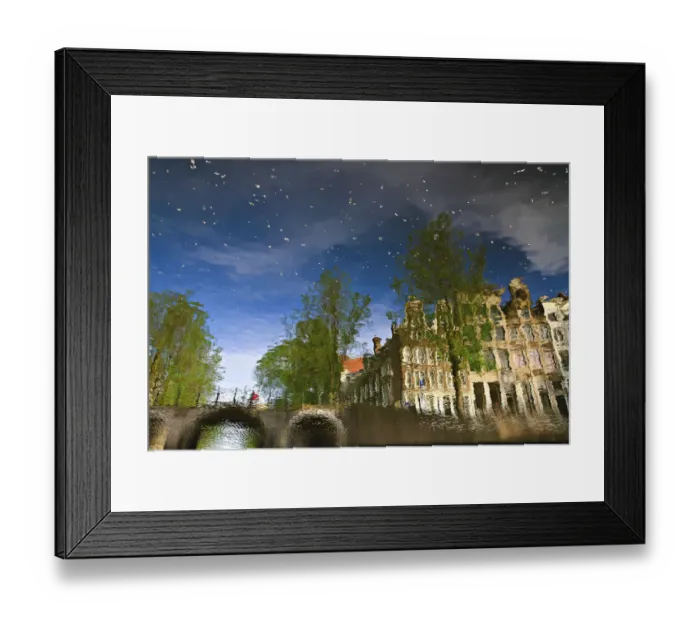 Framed Print : Reflection of buildings in a canal in Amsterdam, Holland, Netherlands, Europe Framed Print : Reflection of buildings in a canal in Amsterdam, Holland, Netherlands, Europe