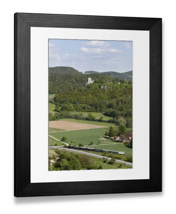 Framed Print : Museum railway with Burg Neideck castle ruins at back, market town of Wiesenttal, Franconian Switzerland, Upper Franconia, Franconia, Bavaria, Germany, Europe
