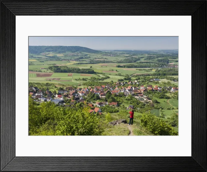Framed Print : Countryside with the village of Schlaifhausen below the Ehrenburg plateau, Franconian Switzerland - Veldenstein Forest Nature Park, Wiesenthau, Bavaria, Germany