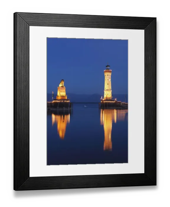 Framed Print : Harbour with lighthouse and Bavarian lion at dusk, Lindau on Lake Constance, Swabia, Bavaria, Germany, Europe, PublicGround