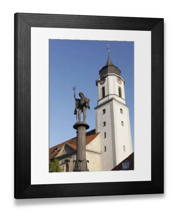 Framed Print : Neptunbrunnen fountain and Cathedral Unserer Lieben Frau, Lindau on Lake Constance, Swabia, Bavaria, Germany, PublicGround