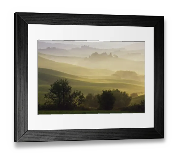 Framed Print : Landscape in the morning mist, Asciano, Tuscany, Italy, Europe Framed Print : Landscape in the morning mist, Asciano, Tuscany, Italy, Europe
