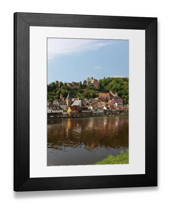 Framed Print : View of the town with Hirschhorn Castle, Marktkirche Church, the Carmelite Monastery and the Neckar River, Hirschhorn, Neckartal-Odenwald Nature Reserve, Hesse, Germany, Europe, PublicGround