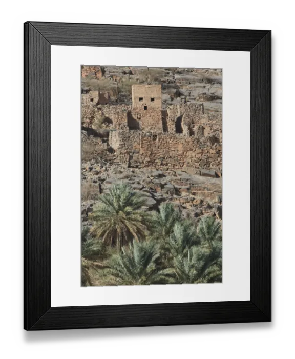 Framed Print : Oasis with date palms in front of the historic ruins of the village of Al Hajir, Jebel Shams, Al Hajar Mountains, Al Hajir, Ad Dakhiliyah, Oman Framed Print : Oasis with date palms in front of the historic ruins of the village of Al Hajir, Jebel Shams, Al Hajar Mountains, Al Hajir, Ad Dakhiliyah, Oman