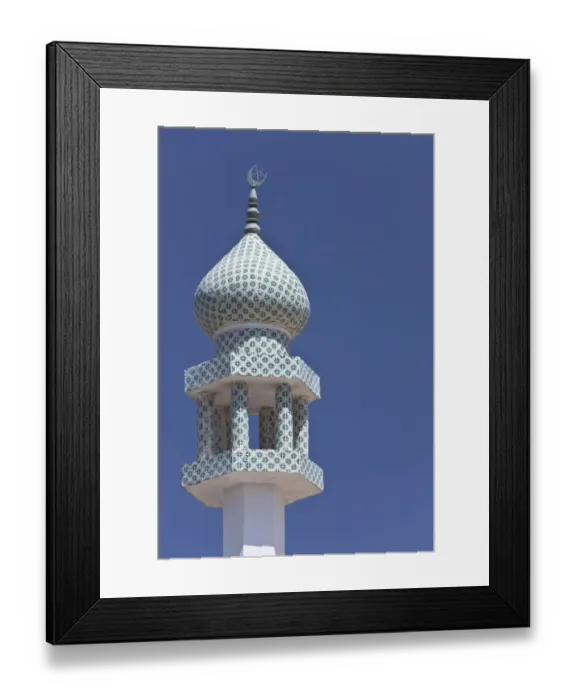 Framed Print : Crescent moon and a star at the top of a minaret, Sinaw, Ad Dakhiliyah, Oman