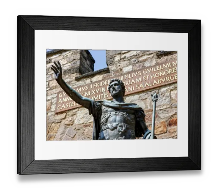 Framed Print : Bronze statue of Augustus the Roman emperor at the entrance of the reconstructed Saalburg the Roman fort, Limes, Taunus, Hesse, Germany