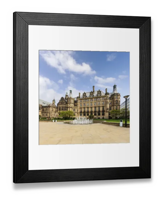 Framed Print : Historic Town Hall with multi jet fountain, and the Peace Gardens, Sheffield, South Yorkshire, England, United Kingdom