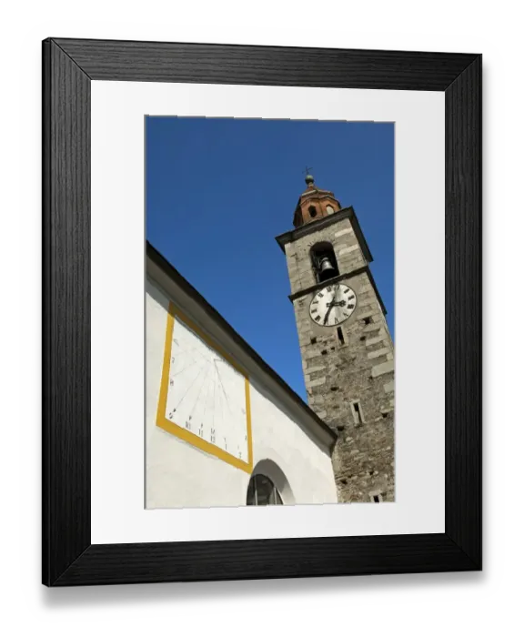 Framed Print : Sundial and church steeple, Ronco sopra Ascona, Ticino, Switzerland, Europe