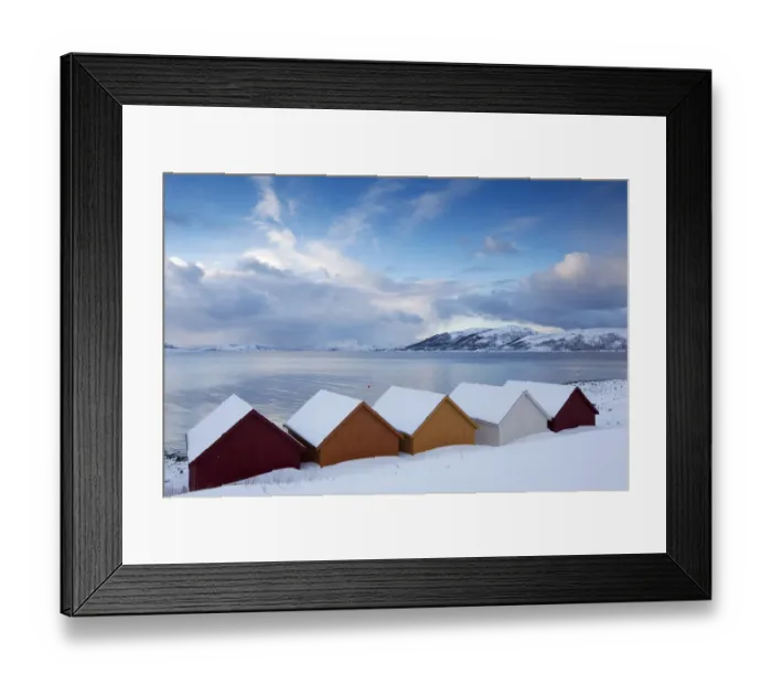 Framed Print : Nordfjord with colorful wooden huts, Kvaloya, Norway, Europe Framed Print : Nordfjord with colorful wooden huts, Kvaloya, Norway, Europe