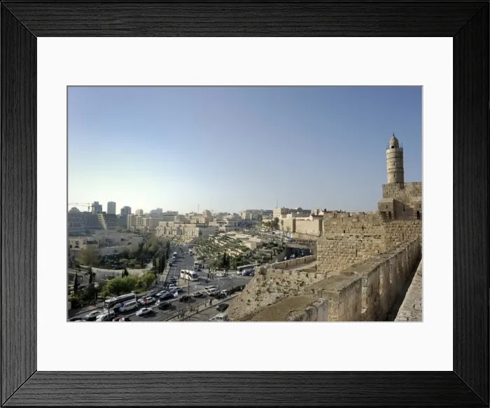 Framed Print : View from a west-facing wall to West Jerusalem, Tower of David of the David Citadel, right, Jerusalem, Israel, Middle East, Southwest Asia