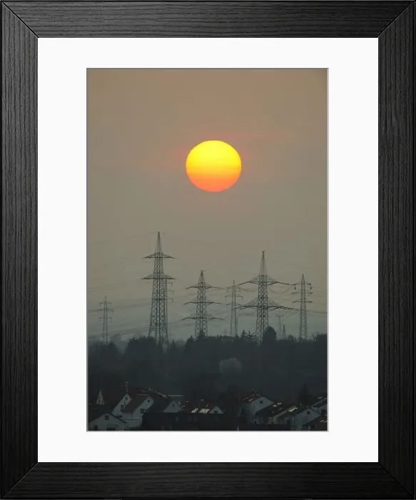 Framed Print : Electric power transmission lines, electricity pylons, with the setting sun, Korb near Stuttgart, Baden-Wuerttemberg, Germany, Europe Framed Print : Electric power transmission lines, electricity pylons, with the setting sun, Korb near Stuttgart, Baden-Wuerttemberg, Germany, Europe