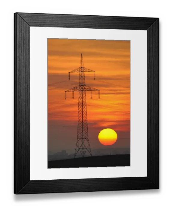 Framed Print : Electric power transmission lines, electricity pylon, with the setting sun, Beinstein near Stuttgart, Baden-Wuerttemberg, Germany, Europe