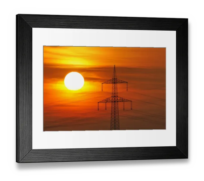 Framed Print : Electric power transmission lines, electricity pylon, with the setting sun, Beinstein near Stuttgart, Baden-Wuerttemberg, Germany, Europe