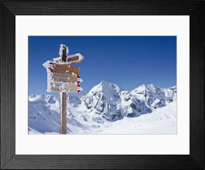 Framed Print : Signpost on Madritschjoch ridge, Sulden in winter, Monte Zebru mountain and Koenigsspitze mountain at the back, province of Bolzano-Bozen, Italy, Europe Framed Print : Signpost on Madritschjoch ridge, Sulden in winter, Monte Zebru mountain and Koenigsspitze mountain at the back, province of Bolzano-Bozen, Italy, Europe