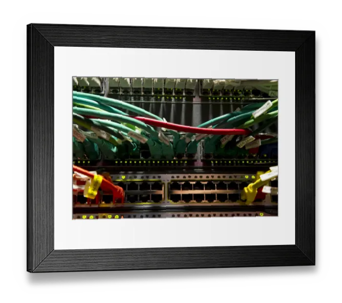 Framed Print : Cabling and jacks on an internet server Framed Print : Cabling and jacks on an internet server