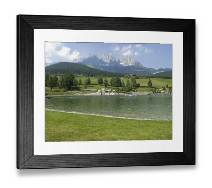Framed Print : Bathing lake in Going, the Wilder Kaiser massif at back, Tyrol, Austria, Europe Framed Print : Bathing lake in Going, the Wilder Kaiser massif at back, Tyrol, Austria, Europe