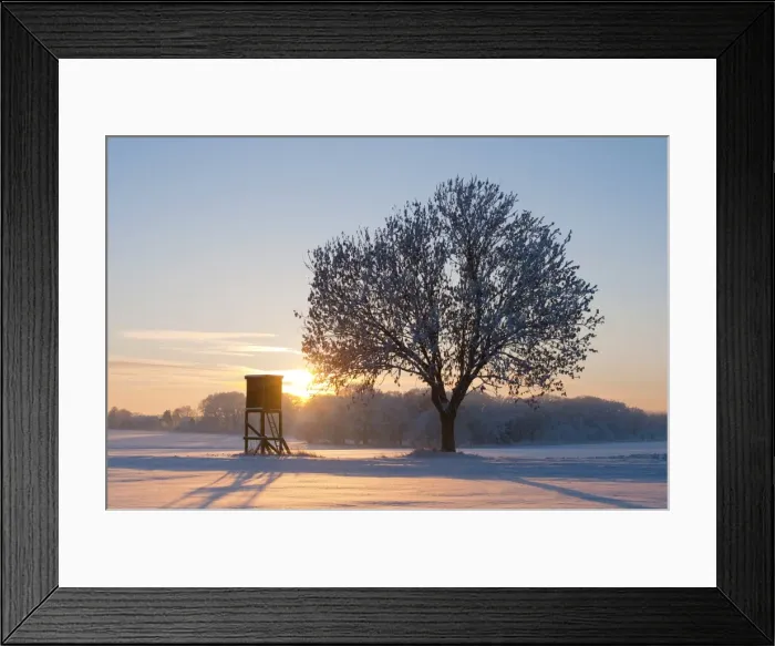 Framed Print : Sunset on a snowy winter landscape, Lower Saxony, Germany, Europe Framed Print : Sunset on a snowy winter landscape, Lower Saxony, Germany, Europe