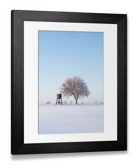 Framed Print : Winter landscape with a tree and a deerstand, Lower Saxony, Germany, Europe