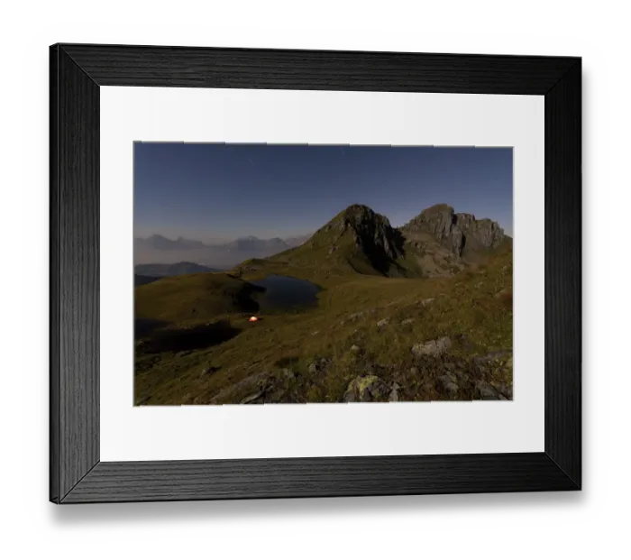 Framed Print : Night shot, Lake Berglimattsee with illuminated tent, Glarus Alps, Canton Glarus, Switzerland, Europe Framed Print : Night shot, Lake Berglimattsee with illuminated tent, Glarus Alps, Canton Glarus, Switzerland, Europe