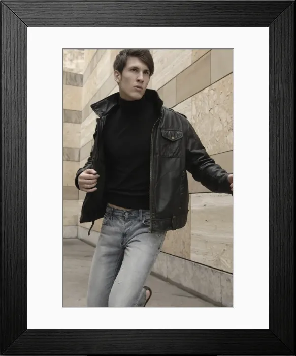 Framed Print : Man wearing a leather jacket, running Framed Print : Man wearing a leather jacket, running