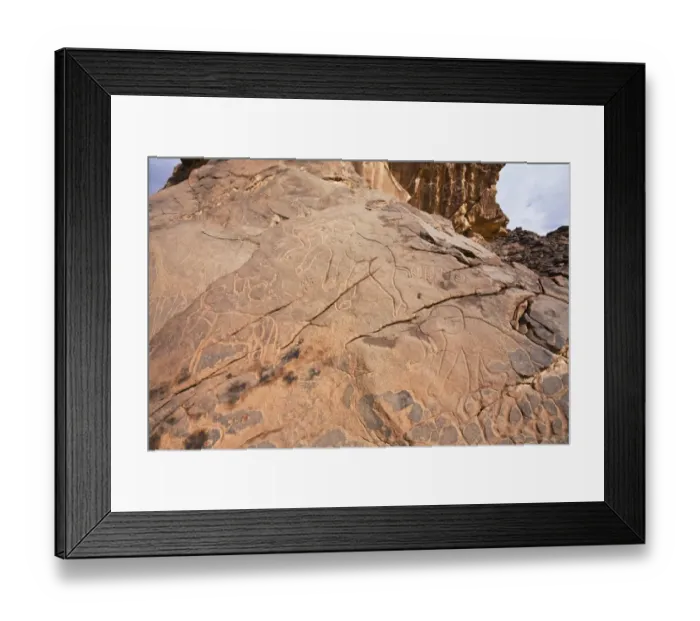 Framed Print : Stone engravings in the Libyan stone desert, elephants, Tassili Maridet, Libya, Sahara, North Africa