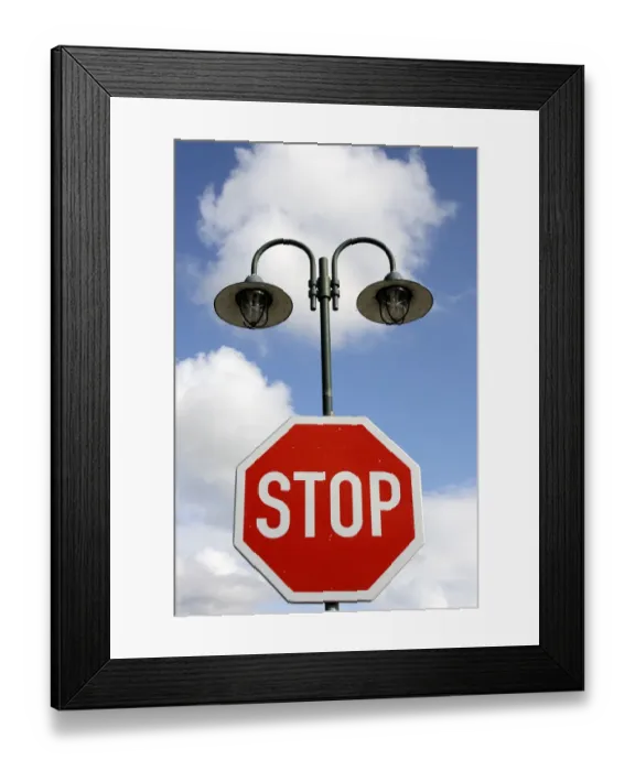 Framed Print : Street lamps and a stop sign Framed Print : Street lamps and a stop sign