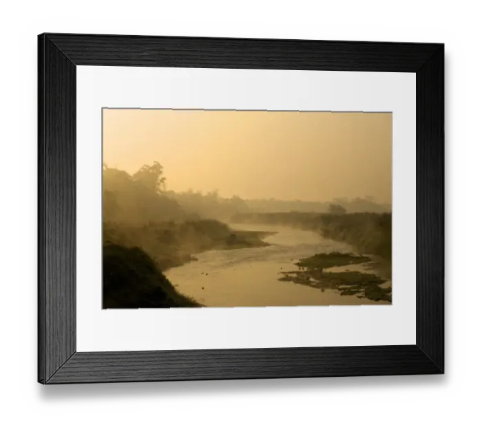 Framed Print : The sun rising over a small foggy river early in the morning, Chitwan National Park, Nepal, Asia