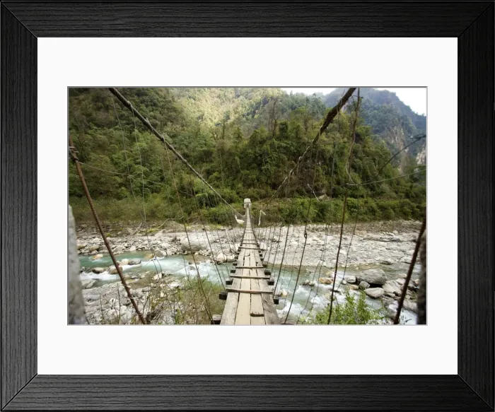 Framed Print : Swing bridge across a river at low water, Annapurna Conservation Area, Nepal, Asia Framed Print : Swing bridge across a river at low water, Annapurna Conservation Area, Nepal, Asia