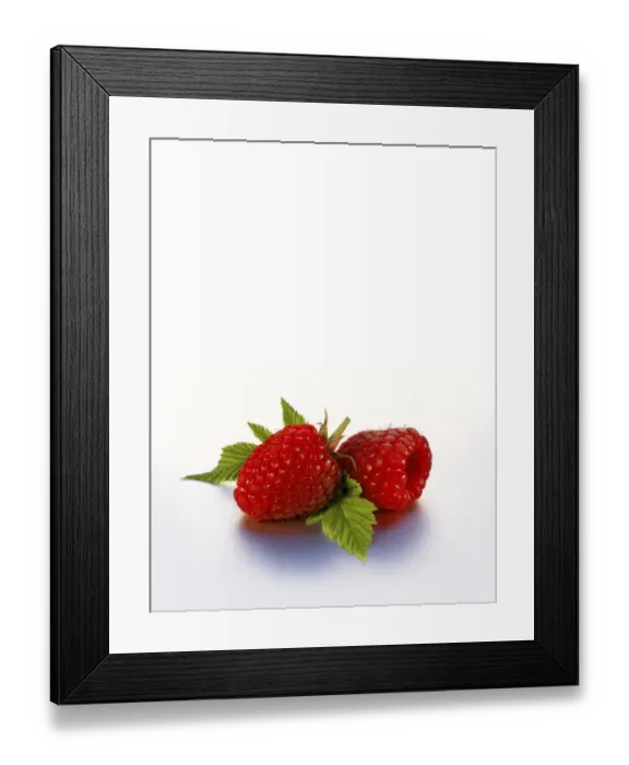 Framed Print : Two raspberries with leaves Framed Print : Two raspberries with leaves
