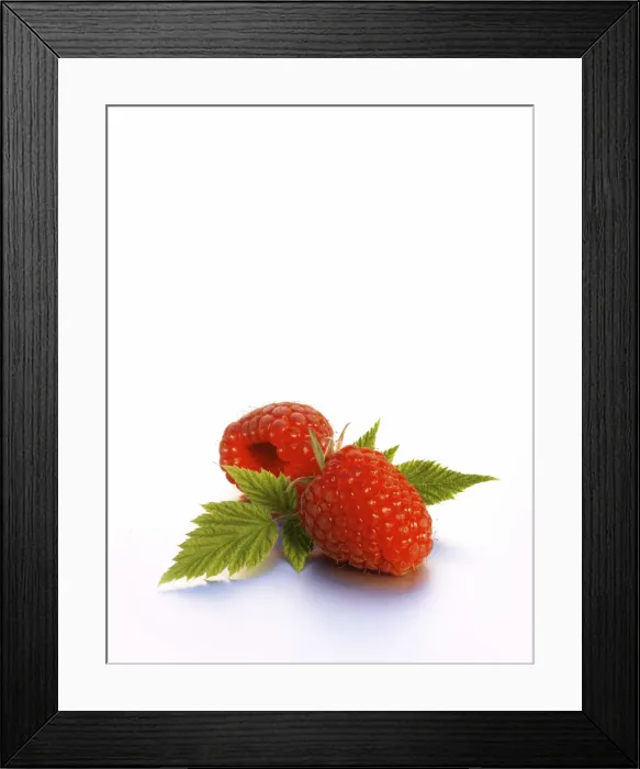 Framed Print : Two raspberries with leaves Framed Print : Two raspberries with leaves