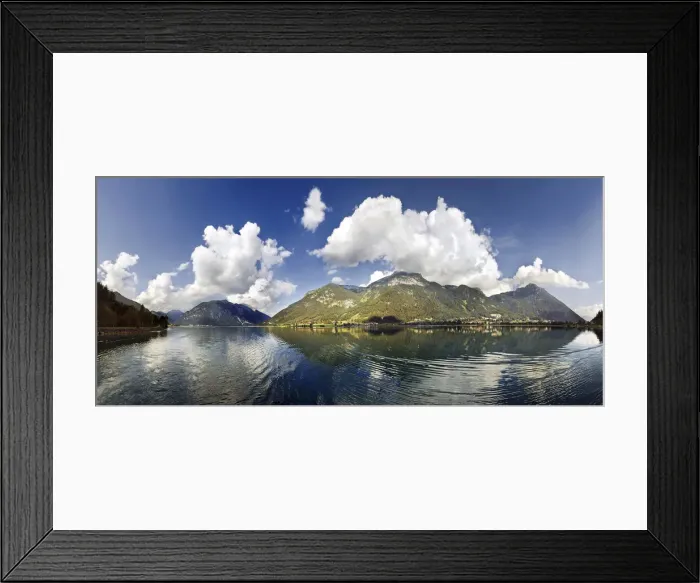 Framed Print : Panorama of Lake Achensee with the Rofan Mountains and bizarre clouds in the sky reflecting in the lake, Achensee, Tyrol, Austria, Europe