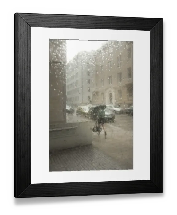 Framed Print : Blurred street atmosphere through a window pane with rain drops Framed Print : Blurred street atmosphere through a window pane with rain drops