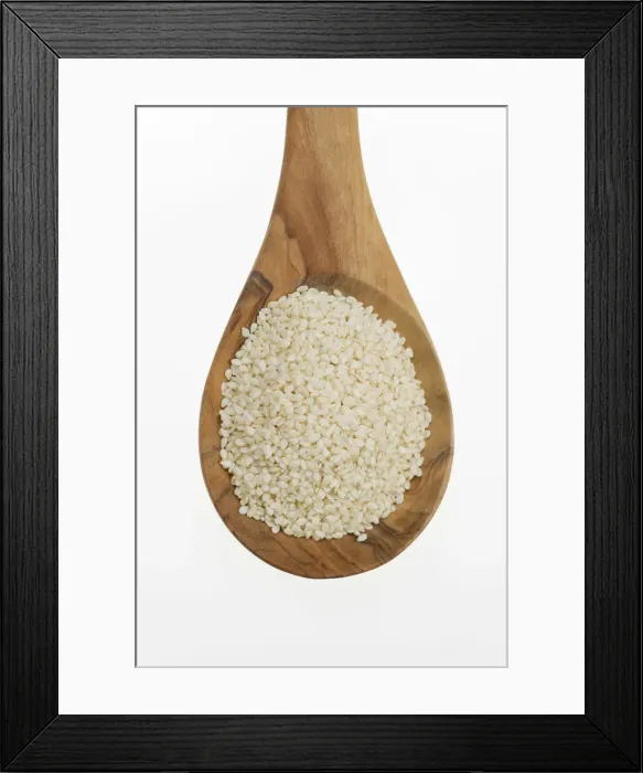 Framed Print : Sesame (Sesamum indicum) seeds on an olive wood spoon Framed Print : Sesame (Sesamum indicum) seeds on an olive wood spoon