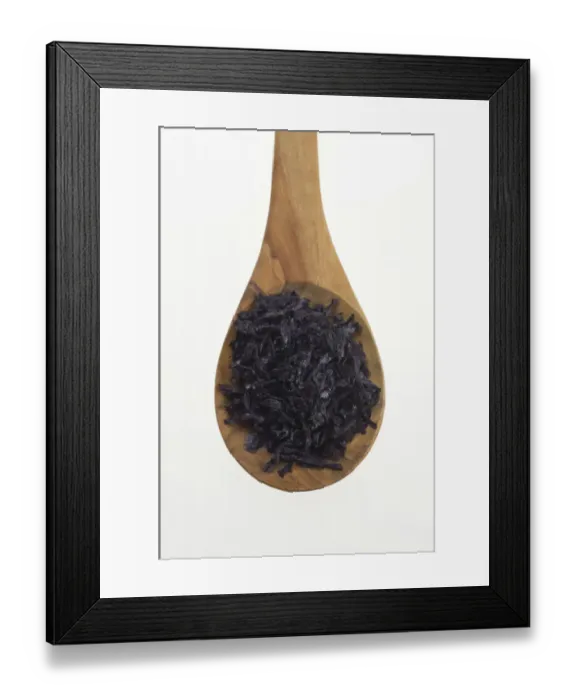 Framed Print : Nori (Porphyra tenera) seaweed flakes on an olive wood spoon Framed Print : Nori (Porphyra tenera) seaweed flakes on an olive wood spoon