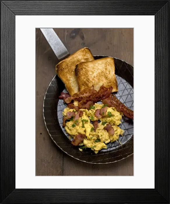 Framed Print : Scrambled eggs with fried bacon and toast Framed Print : Scrambled eggs with fried bacon and toast