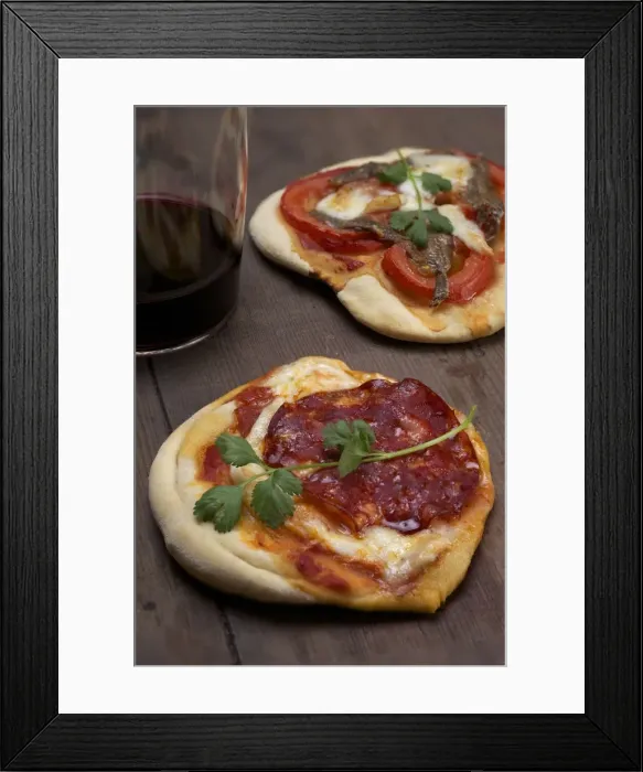 Framed Print : Pizzette, small pizzas with buffalo mozzarella, chorizo and coriander, front, and tomatoes and anchovies, rear Framed Print : Pizzette, small pizzas with buffalo mozzarella, chorizo and coriander, front, and tomatoes and anchovies, rear