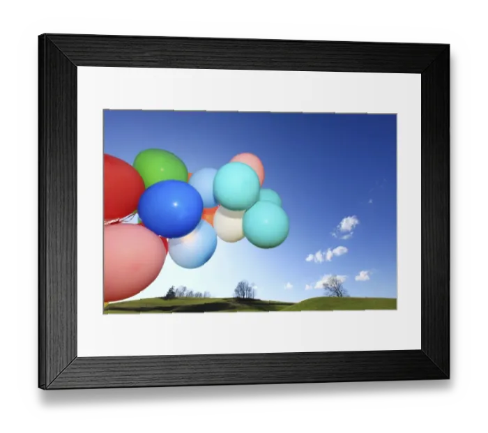 Framed Print : Many colourful balloons in a green landscape, Allgaeu, Germany, Europe