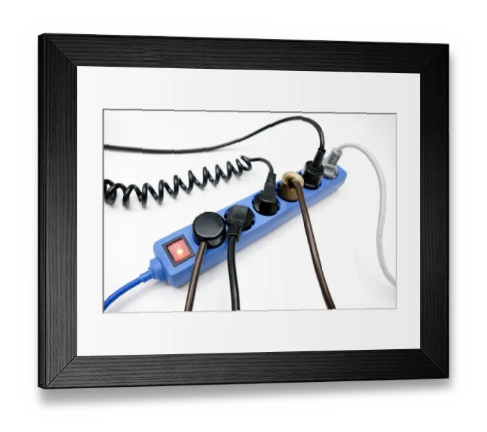 Framed Print : Multi-plug power strip with plugs and cables Framed Print : Multi-plug power strip with plugs and cables