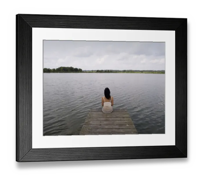 Framed Print : Woman sitting on a wooden pier at a lake, Mecklenburg Lake District, Mecklenburg-Western Pomerania, Germany, Europe Framed Print : Woman sitting on a wooden pier at a lake, Mecklenburg Lake District, Mecklenburg-Western Pomerania, Germany, Europe