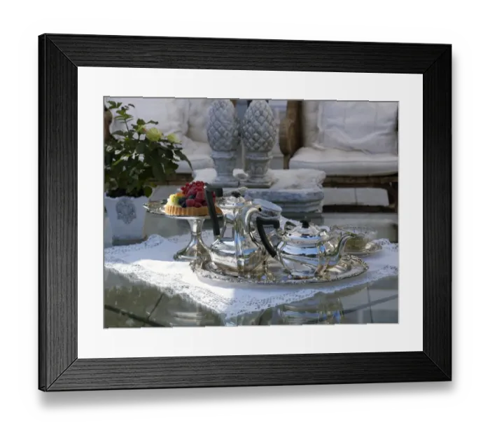 Framed Print : Luxuriously set coffee table with silver coffee and tea pots, and a fruit pie on a silver cake plate Framed Print : Luxuriously set coffee table with silver coffee and tea pots, and a fruit pie on a silver cake plate