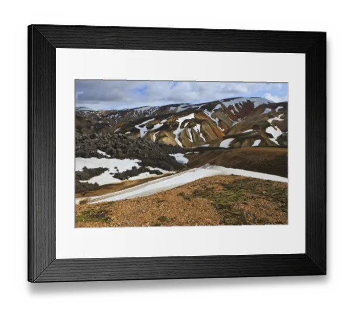 Framed Print : Cooled lava field with snow fields in a volcanic landscape, Landmannalaugar, Iceland, Europe Framed Print : Cooled lava field with snow fields in a volcanic landscape, Landmannalaugar, Iceland, Europe