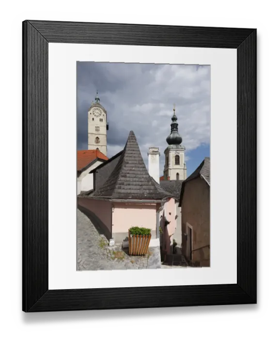 Framed Print : Malerwinkel townscape, steeples of Frauenbergkirche Church and the Church of St Nicholas, Wachau valley, Waldviertel region, Lower Austria, Austria, Europe