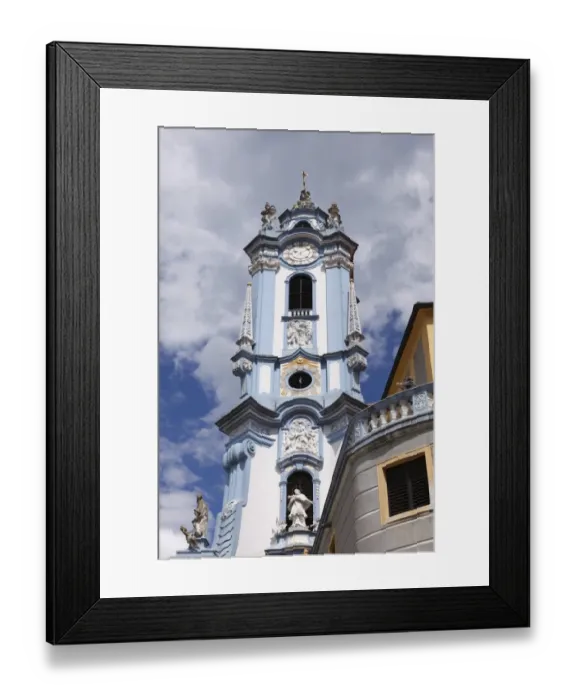 Framed Print : Church spire of the collegiate church, Duernstein, Wachau valley, Waldviertel region, Lower Austria, Austria, Europe Framed Print : Church spire of the collegiate church, Duernstein, Wachau valley, Waldviertel region, Lower Austria, Austria, Europe